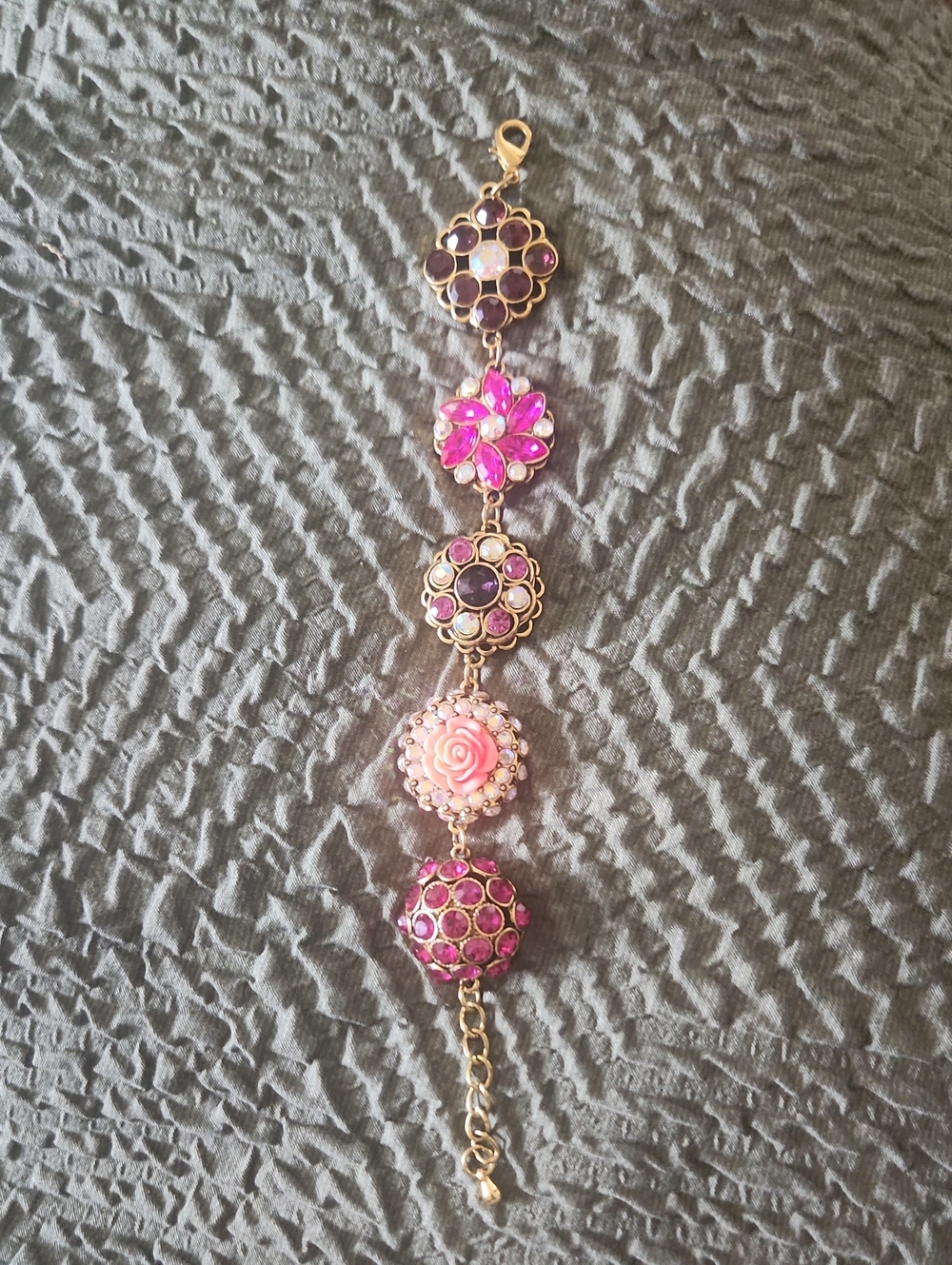 Gold-Tone Pink Floral Charm Bracelet - Women Jewelry